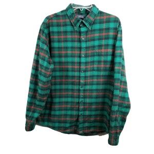 Lands' End Green Plaid Flannel Shirt Sz L Button Down Cotton Mens